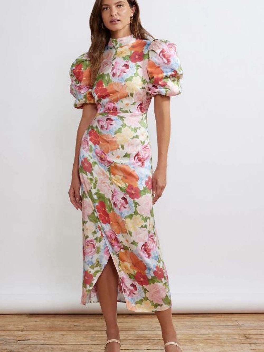Puff-Sleeve Floral Midi Dress in Multi-Color